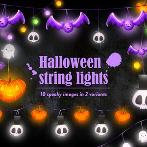 Könnte beinhalten: Halloween-Lichterkette mit gruseligen Bildern von Fledermäusen, Geistern, Kürbissen und Schädeln. 10 gruselige Bilder in 2 Varianten.