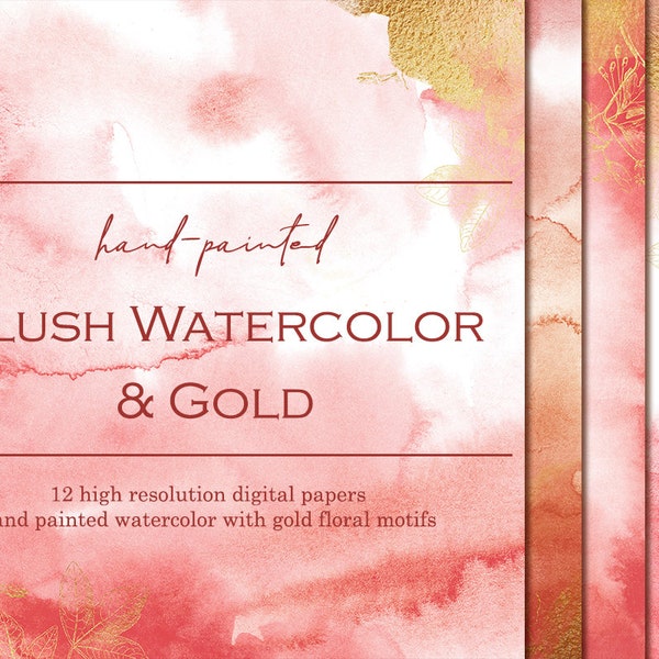 Blush watercolor digital paper clipart, Watercolor papers, Gold papers, Gold floral background, Pink watercolor wallpaper, Invitation