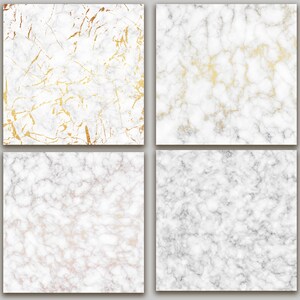 May include: Four different marble textures, each with a unique pattern of white and gray veins. The top left texture features a gold metallic overlay. The top right texture has a subtle gold shimmer. The bottom left texture has a subtle pink shimmer. The bottom right texture has a more pronounced gray veining.
