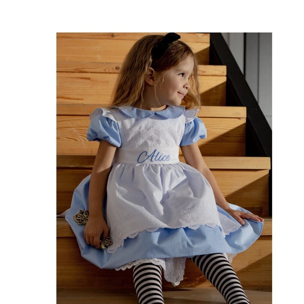 Alice im Wunderland Mädchenkleid, personalisiertes Geschenk für Kinder, erster Geburtstag, Partykleid, Geschenk für Mädchen, blaues Kleid, Weihnachten, Babykleid mit Schürze