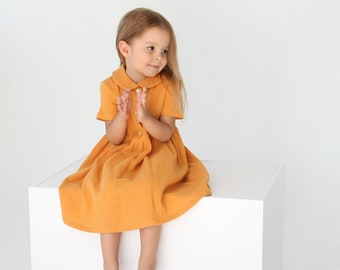 Kids Girls Dress Summer Girl Dress Handmade Birthday Gift Baby Girls Dresses 2 3 4 5 years  Orange Child present Soft Muslin Dress