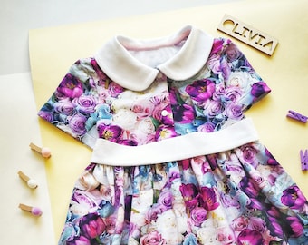 Purple Girl Dress Flowers Dress Lilac Soft Natural Cotton Knit Kids Dress Handmade Roses Tulips Autumn Flower Dress Childs Girls Dresses