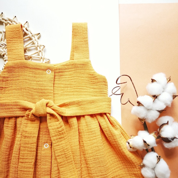 Enfants fille robe d'été cadeau d'anniversaire robe flottante bébé vêtements d'été enfant filles robe Orange moutarde coton naturel tendance fait main cadeau
