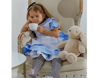 Alice Kids Girl Dress Personalized Gift Kids First Birthday Party Dress Alice in Wonderland Girls Blue Dress with Apron Rainbow dress