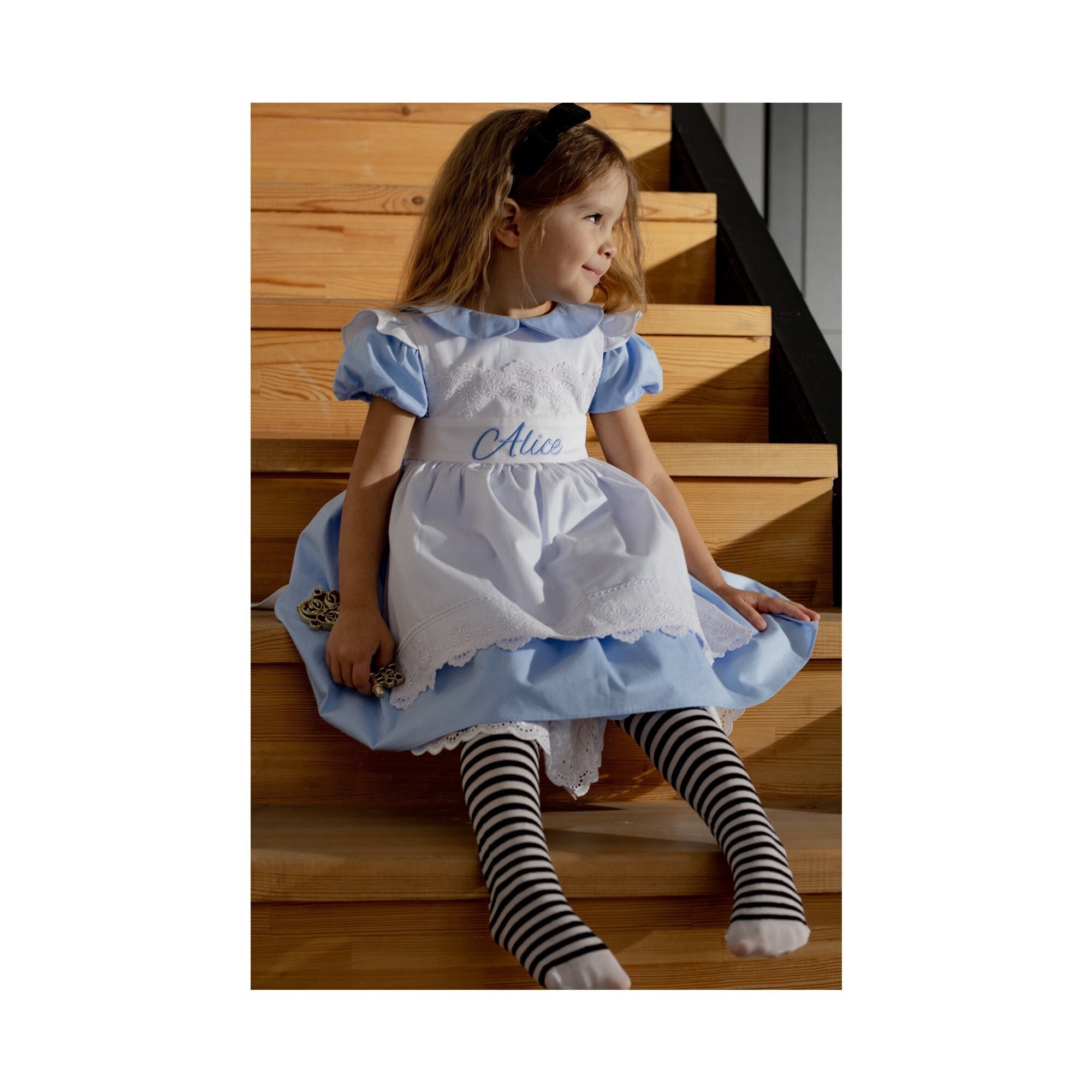 Alice in Wonderland Girl Dress Personalized Gift Kids First Birthday Party Dress Present girls Blue dress Christmas Baby dress with Apron