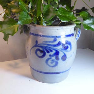 Könnte beinhalten: Ein grauer Keramiktopf mit blauen floralen Mustern und zwei Griffen. Der Topf ist mit grünen, blättrigen Ranken gefüllt. Der Topf steht auf einer weißen Oberfläche.