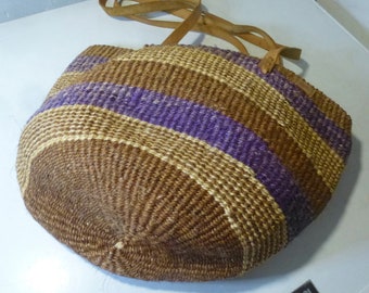 Vintage 80er Sisal TASCHE handgewebt Lederriemen