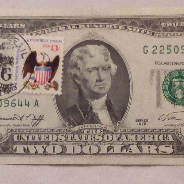 Bicentennial 2 dollar bill with First Day Issue Stamp