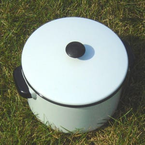 Può includere: Una pentola di smalto bianco con un coperchio nero e una manopola nera. La pentola è appoggiata su un letto di erba verde.