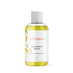 May include: A clear glass bottle with a white cap filled with yellow body oil. The label reads "AFTERSKIN Mango Madness Body Oil rejuvenate | moisturizing | lightweight 8oz".