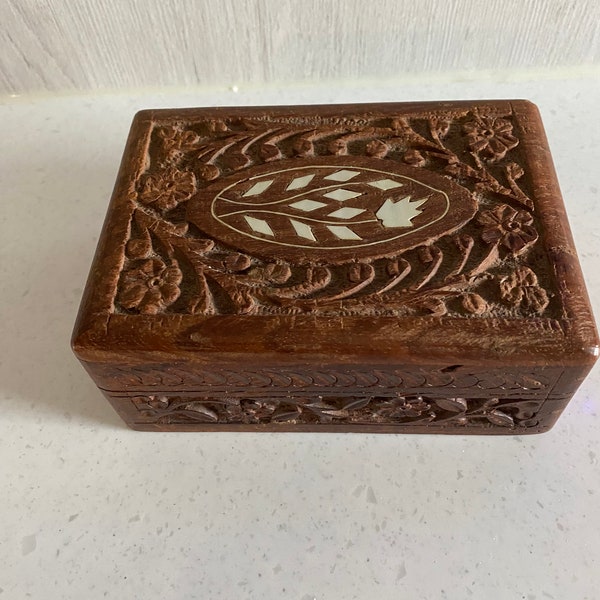 Vintage Hand carved Wood Trinket Box with Inlay from India/Jewelry Box