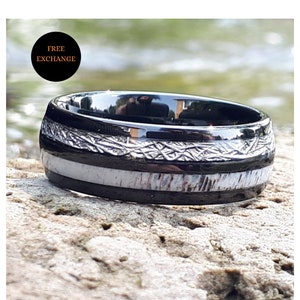 Deer Antler And Meteorite Inlay Tungsten Carbide Band, 8mm Comfort Fit, Wedding Ring, Black Tungsten Ring, Engagement ring, Antler Inlay