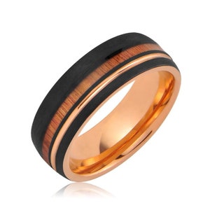 Koa Wood Wedding Ring, 8mm Mens Tungsten Ring, Wedding Band, Ring with Koa Wood, Rose Gold Ring With Koa Wood, Bague pour homme, Mens gift image 3