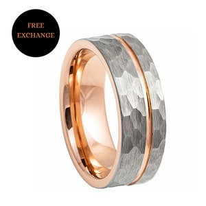 Mens Ring, Mens Wedding Band, Silver Tungsten Ring, silver and Rose Gold Ring, 8mm Wedding Band, Hammered Ring , Rose-gold Tungsten Ring