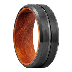 Black Tungsten Ring, 8mm Mens Tungsten Ring, Wedding Band, Brushed Finish Grooved Center Comfort Fit Ring, Tungsten Ring with Wood Sleeve