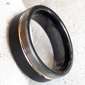 Mens Ring, Mens Wedding Band, Tungsten Ring Black and Silver Brushed with Rose Gold Accent, 8mm Wedding Band,boyfriend gift, mens gift,