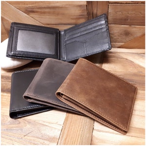 Cartera BiFold para hombres, Carteras para hombres, Cartera plegable, Cartera de cuero de vaca, RFID Cartera personalizada para hombres, Cartera con ventana de identificación, Cuero