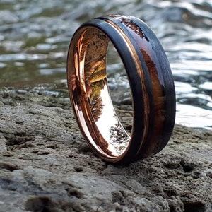 Koa Wood Wedding Ring, 8mm Mens Tungsten Ring, Wedding Band, Ring with Koa Wood, Rose Gold Ring With Koa Wood, Bague pour homme, Mens gift image 1