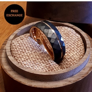 Mens Ring, Mens Wedding Band, Black Tungsten Ring, Black and Rose Gold Ring, 8mm Wedding Band, Faceted Ring , Black Rose-gold Tungsten Ring