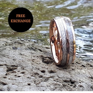 Rose Gold Tungsten 8mm Band with Antler and Meteorite, Mens Wedding Band, Womens Wedding band, Meteorite Ring,Deer Antler Ring, Ring set