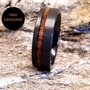 Black Wedding Band, Promise Ring, Wedding Ring, 8mm Tungsten Ring with Koa Wood Inlay, Brushed Black Tungsten Band, Mens Tungsten Ring,