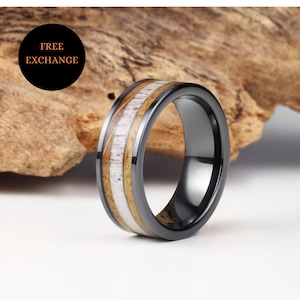 Deer Antler Wood Ring, Engagement Wedding Band, Black Ceramic Antler Wood, Men Ceramic Ring, Rustic wood antler ring, mens ring, 8mm ring