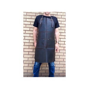 Dark Brown Real Leather Apron, Cook Apron, BBQ Apron, Cooking Apron, Barber Apron, Brown Leather Body, Pockets and Crossback Straps Apron