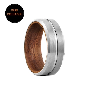 Silver Tungsten Ring, 8mm Mens Tungsten Ring, Wedding Band, Brushed Finish Grooved Center Comfort Fit Ring, Tungsten Ring with Wood Sleeve