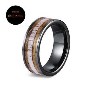 Whiskey Barrel and Deer Antler Ring, Black Ceramic Wedding Band, Deer Antler Wood Men Ceramic Ring, Black Ceramic Wedding Band, Antler Ring