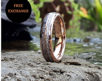 Rose Gold Tungsten Band, Deer Antler Meteorite Ring, 6mm Wedding Ring