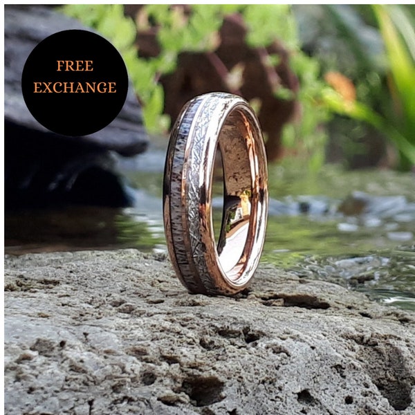 Jonc en or rose tungstène 6 mm avec bois de cervidé et météorite, alliance pour homme, alliance pour femme, bague météorite, bague en bois de cerf, ensemble de bagues