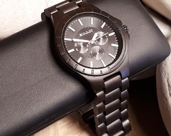 Engraved Black Sandal Wood Watch for Men, Miyota Quartz Movement