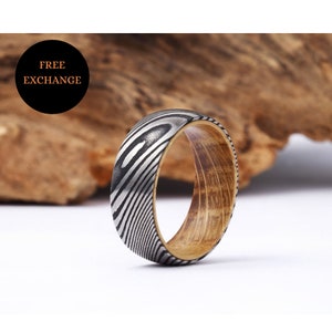Damascus Steel and wood Ring , Damascus steel wedding band, Damascus Steel and wood Ring, Wood Sleeve Wedding Band, Damascus mens ring