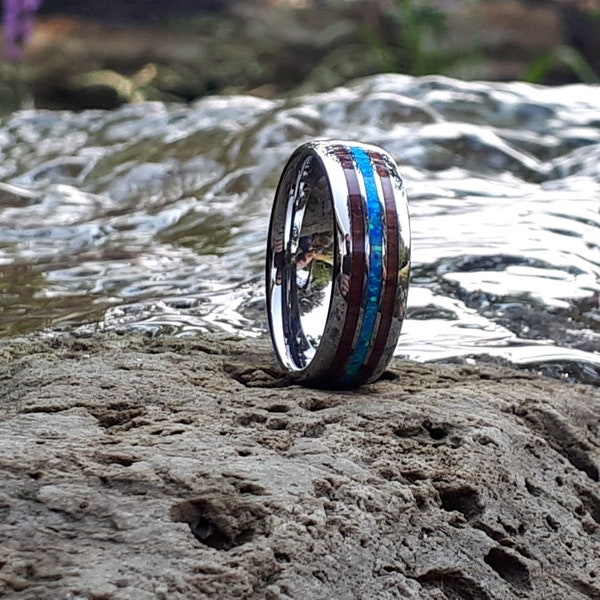 Blue Opal Wedding Ring, 8mm Blue Opal Tungsten Wedding Ring, 8mm Tungsten Ring, Engagement Ring, Bague Pour Homme, Opal Men Promise Ring