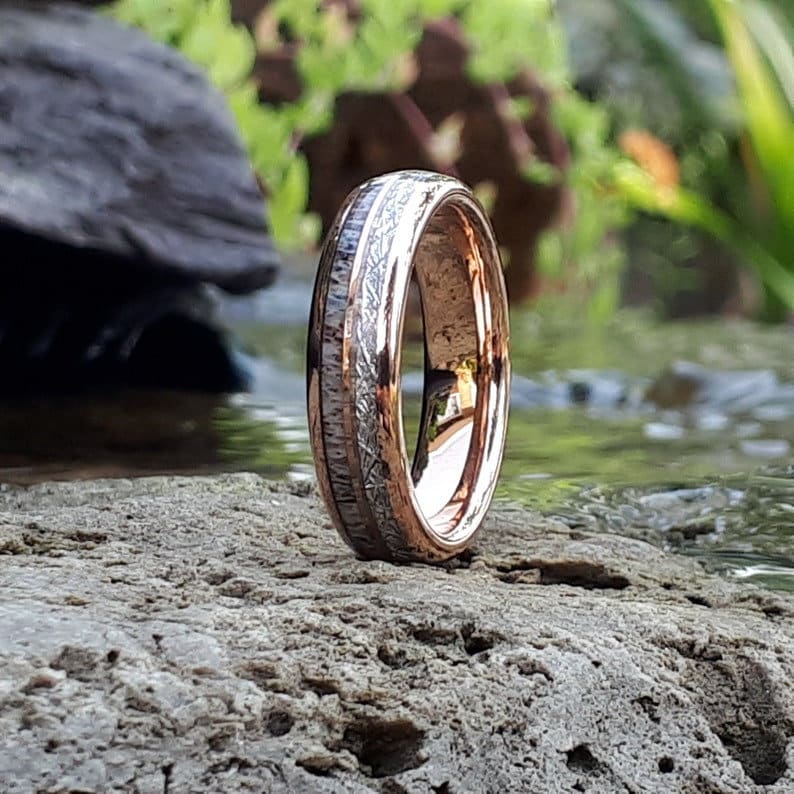 18K Rose Gold Ring Mens Wedding Band Wooden Ring Tungsten Wedding Band–  Pillar Styles