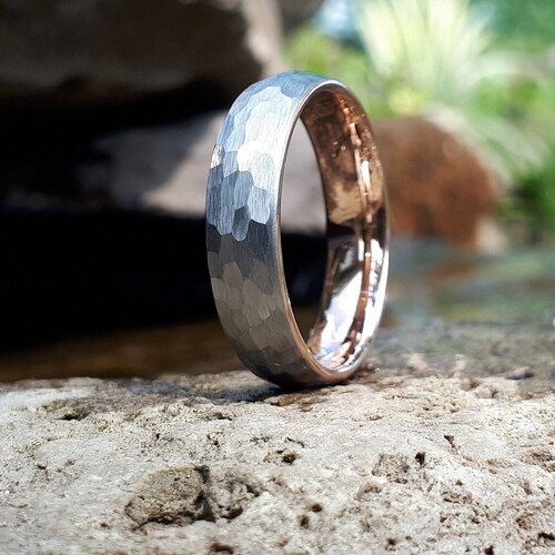 Hammered Tungsten shops 6mm Ring with Rose Gold Band, Hammered tungsten Ring, Mens Ring, Wedding Band, hammered silver ring, unisex ring, 6mm ring