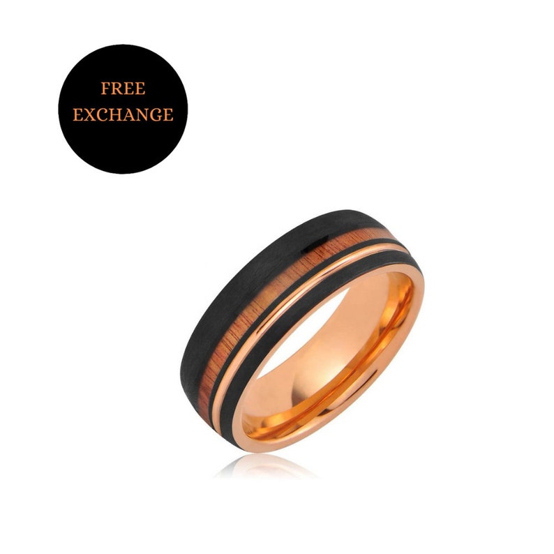 Koa Wood Wedding Ring, 8mm Mens Tungsten Ring, Wedding Band, Ring with Koa Wood, Rose Gold Ring With Koa Wood, Bague pour homme, Mens gift image 2