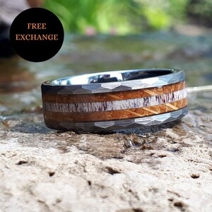 FREE EXCHANGE, Silver Tungsten Men’s Ring, Whiskey Barrel Wood with Deer Antler Inlay, Deer Antler Ring, Antler Ring for Him, Antler Band