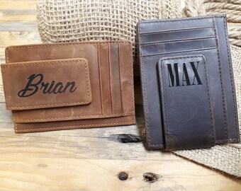 Personalized RFID Leather Money Clip Wallet, Engraved Gift