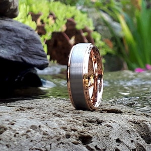 Tungsten Mens Wedding Band 8mm with Rose Gold and Brushed Silver center, Mens Ring, Wedding Band for Men, Gift for Boyfriend, Promise Ring