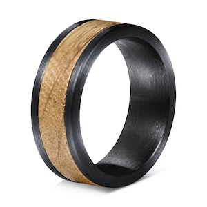 Whisky Fass Holz Wolfram, Holzringe für Männer, Hartmetallring, Holz gebürstet schwarz Wolfram, Holzring mit Whisky Fass Eiche ausgekleidet
