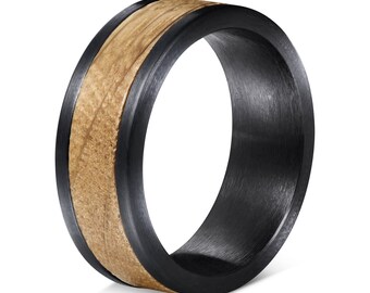Whisky Barrel Wood Tungsten, Wood rings for men, Tungsten Carbide Ring, Wood Brushed Black Tungsten, Wood Ring Lined with Whisky Barrel Oak
