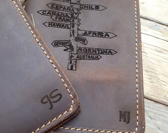 Personalized Crazy Horse Leather Passport Holder, Travel Wallet, Groomsmen Gift