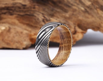 Whisky Barrel Wood Damascus Steel Mens Wedding Ring, 8mm Band