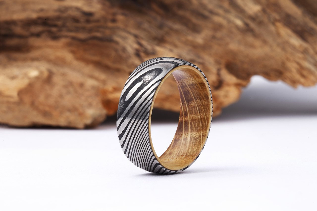 Damascus Steel Whiskey Barrel Ring