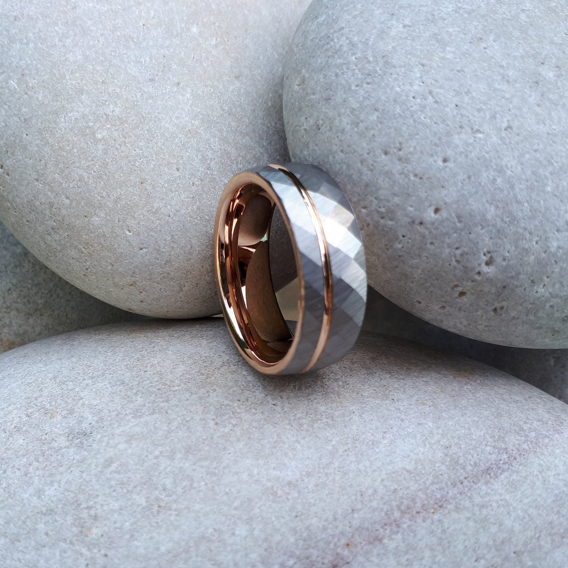 Mens Ring, Mens Wedding Band, Silver Tungsten Ring, Silver and Rose ...
