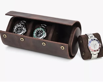 Personalized Brown Leather 3-Watch Roll Travel Case