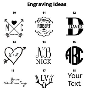 May include: Engraving ideas for personalized gifts.  Options include initials, names, dates, hearts, arrows, and antlers.  The text "Your Handwriting" suggests the ability to engrave custom handwriting.
