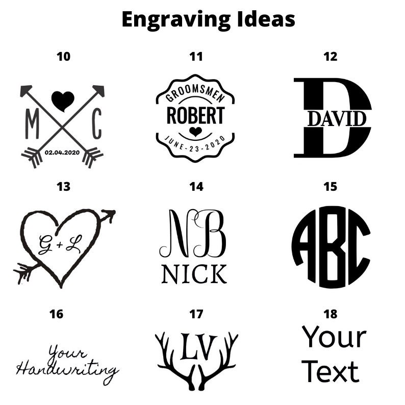 May include: Engraving ideas for personalized gifts.  Options include initials, names, dates, hearts, arrows, and antlers.  The text "Your Handwriting" suggests the ability to engrave custom handwriting.