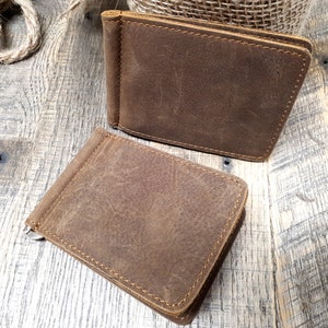Personalized Bi-Fold Men's Leather Wallet, Engraved Wallet, Crazy Horse Leather, Minimalist Wallet, Brown Wallet, Money Clip, Card holder
